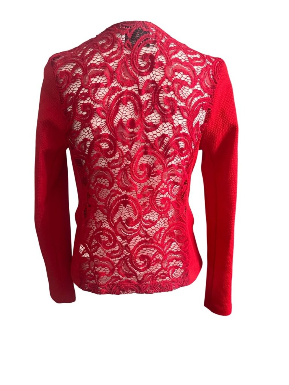 Crimson Red Open-Front Jacket Sheer Lace Back W/ Gold Zipper Details Cest Toi-S